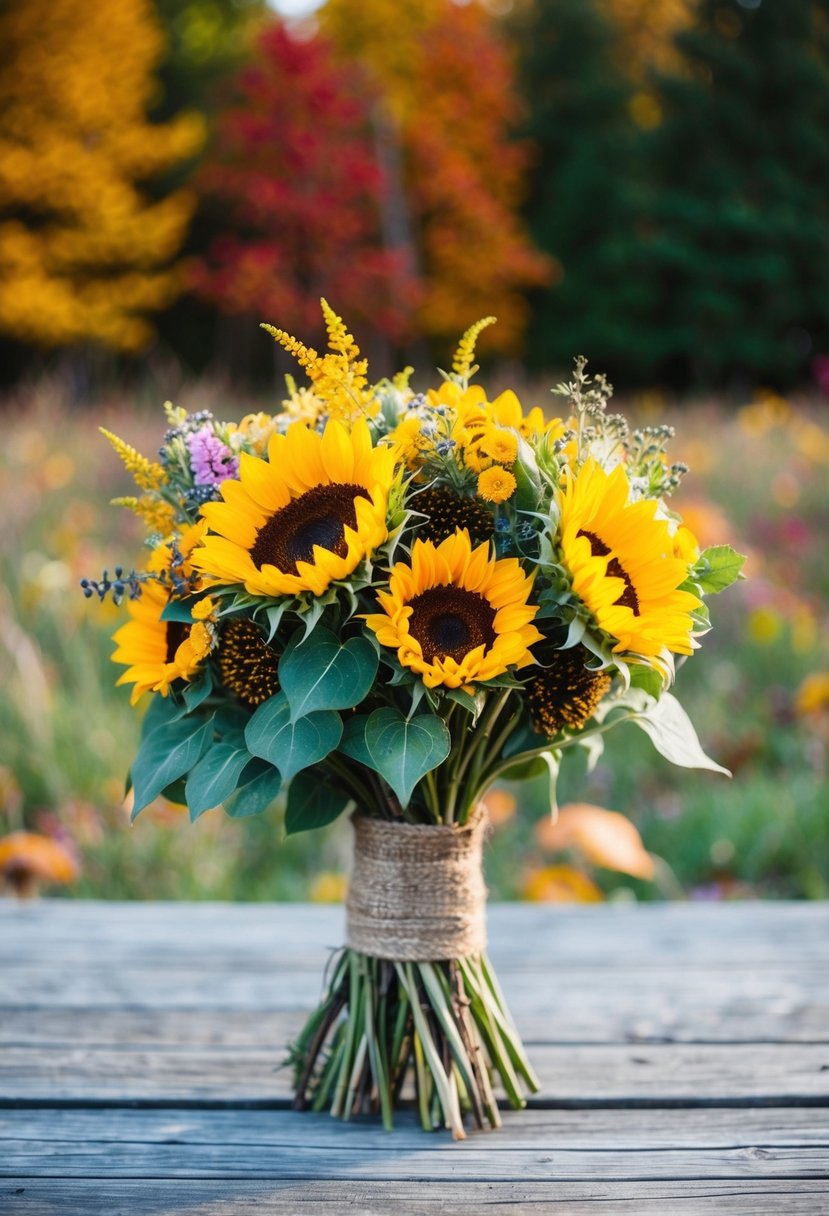 A rustic, wildflower bouquet with sunflower charm, set against a backdrop of colorful autumn foliage