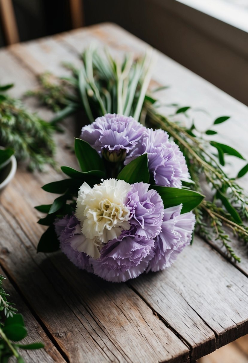 A rustic lavender and white carnation bouquet sits on a weathered wooden table, surrounded by sprigs of greenery and soft natural light