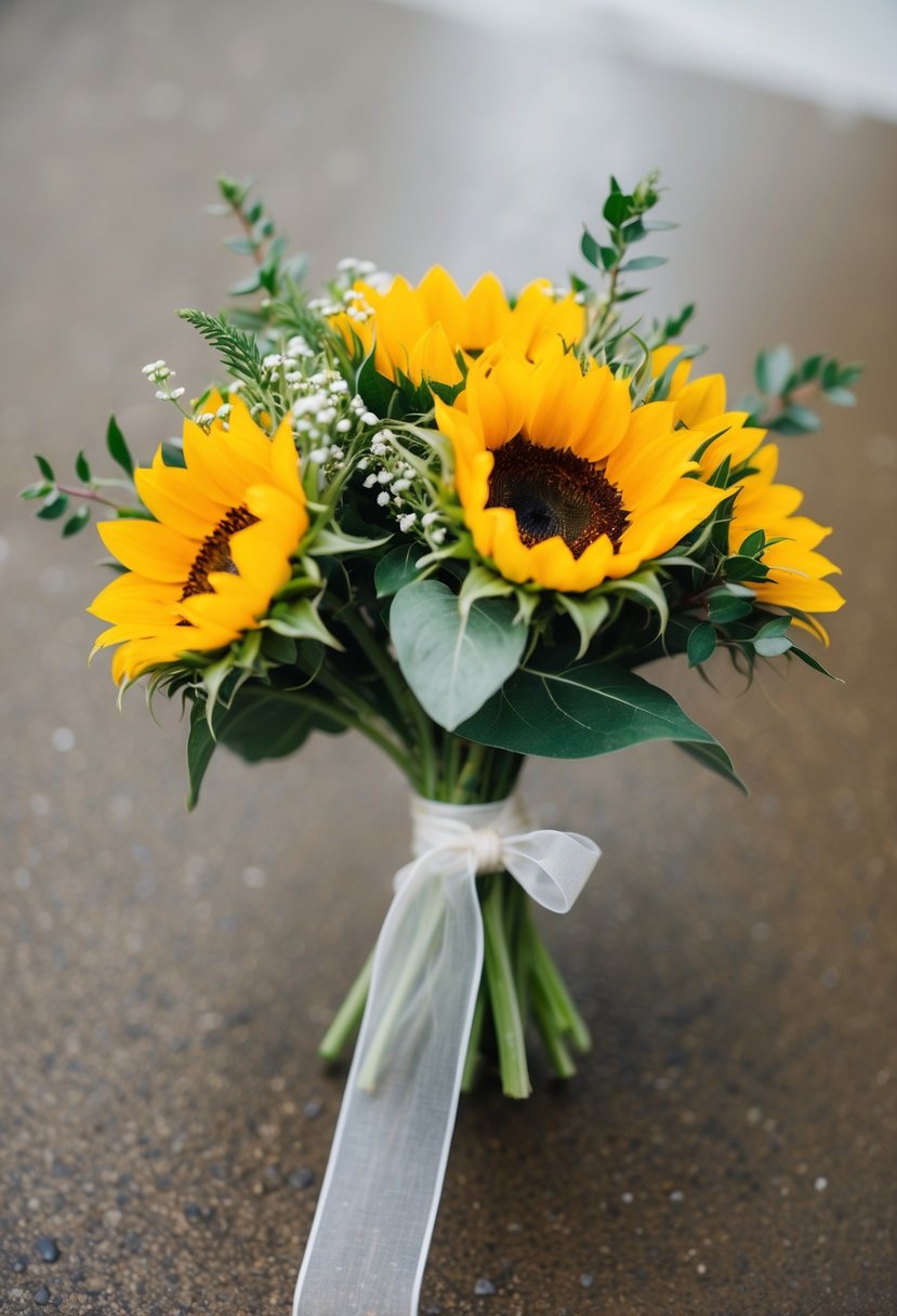 A small, simple wedding bouquet of bright sunflowers and sprigs of greenery, tied with a delicate ribbon