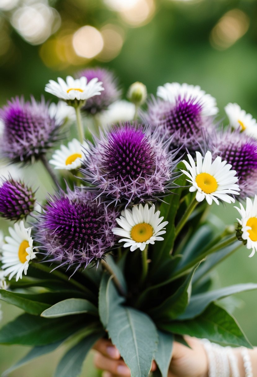 A cluster of lavender thistle and white daisies arranged in a boho wedding bouquet