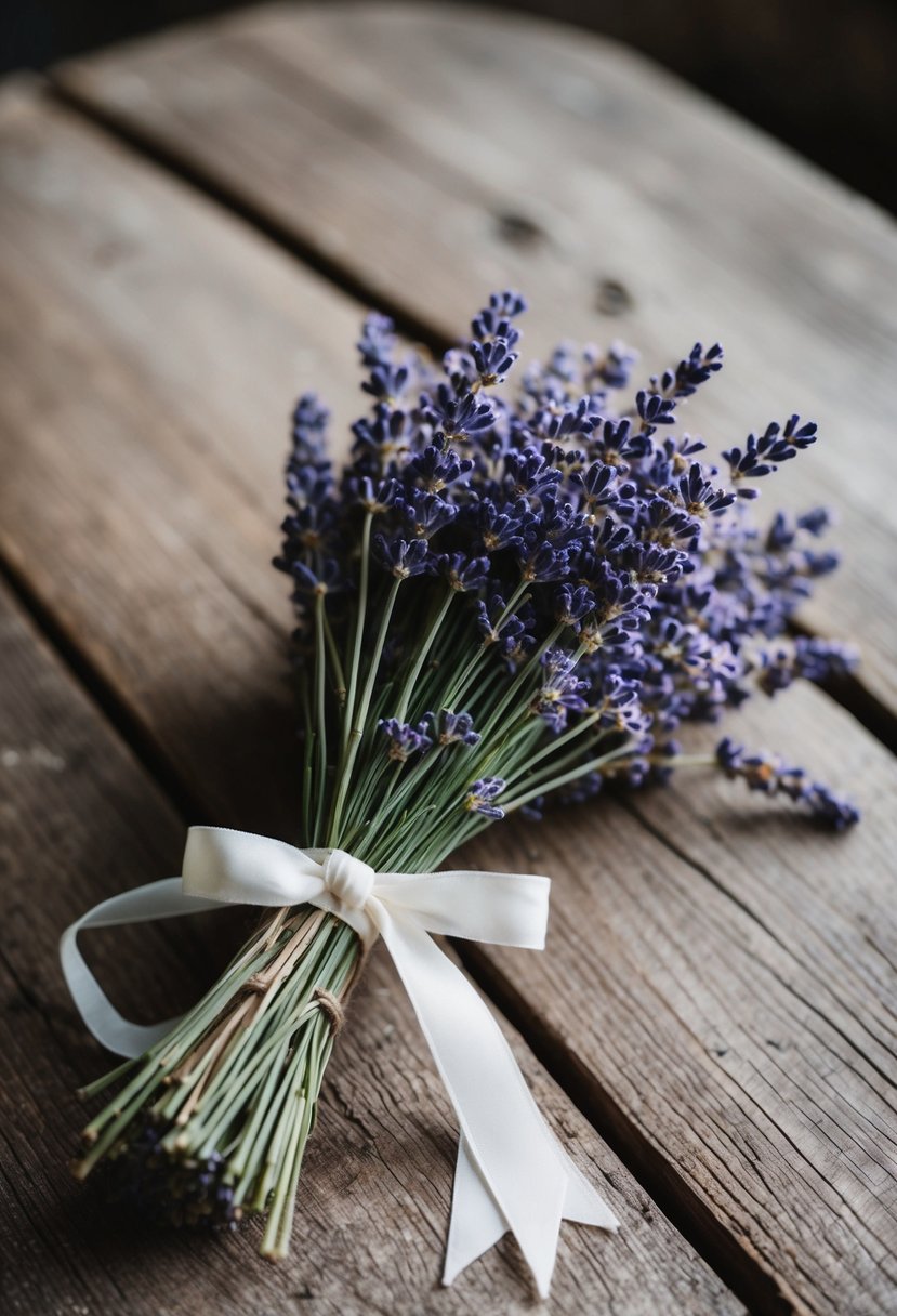 A small bouquet of lavender and ribbon, tied together with a simple bow, resting on a rustic wooden table