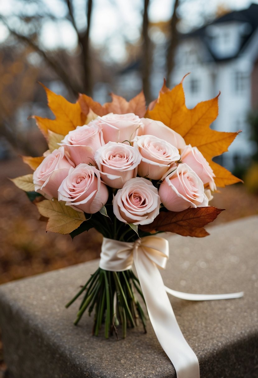 A bouquet of soft blush roses and autumn leaves, tied with a satin ribbon