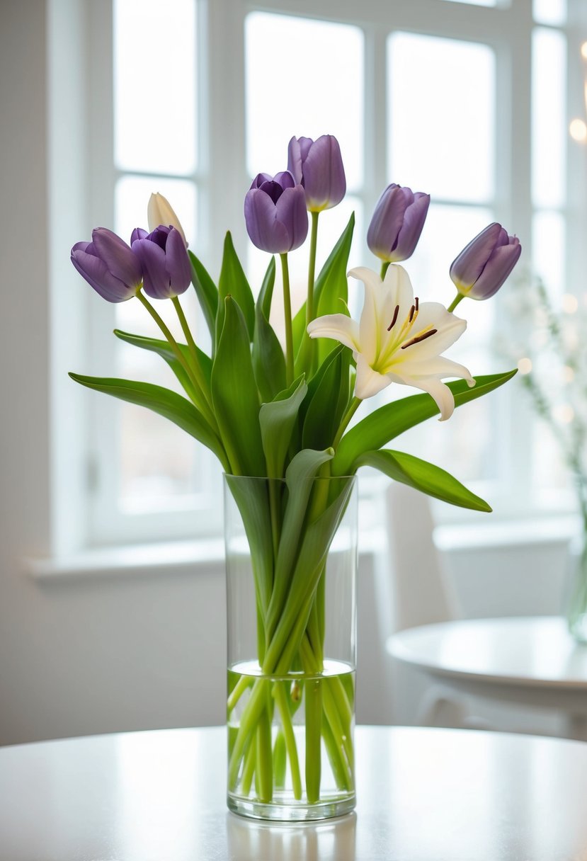 A simple bouquet of lavender tulips and white lilies in a clear glass vase on a white table