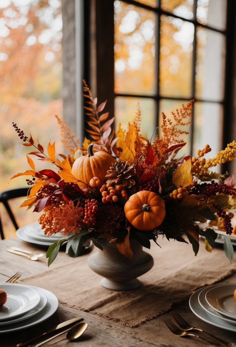 A rustic table adorned with a delicate autumnal bouquet, featuring warm hues of orange, red, and yellow, accented with seasonal foliage and berries