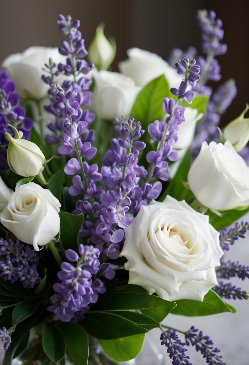 A delicate bouquet of lavender sweet peas and white spray roses arranged in a romantic and elegant manner