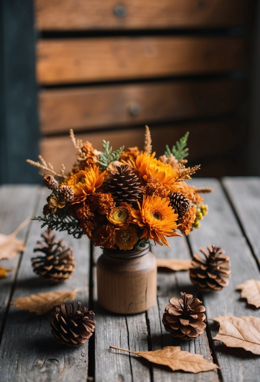 A small bouquet of rustic autumn flowers sits on a wooden table, surrounded by pinecones and dried leaves