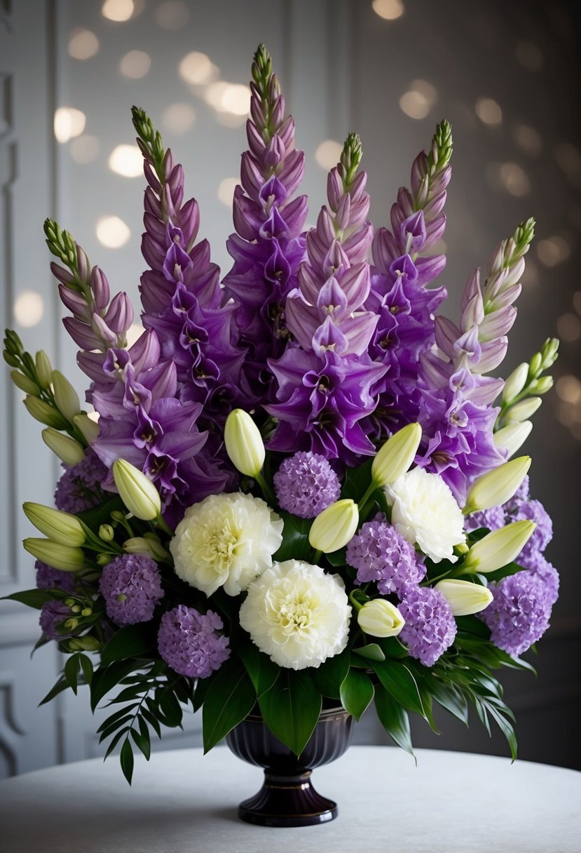 A lavish bouquet of lavender gladiolus and white stephanotis, arranged in a dramatic and elegant fashion