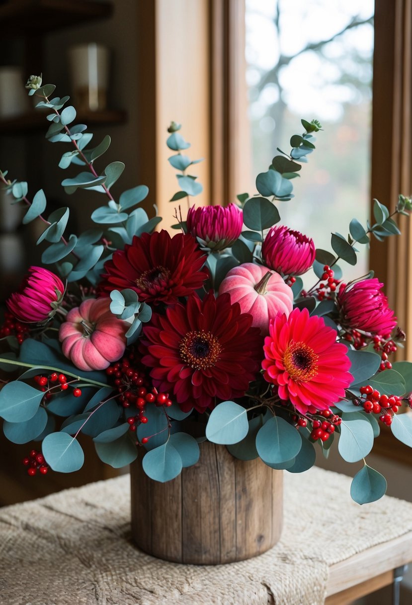 A lush arrangement of bold red and pink fall flowers, with eucalyptus and berries, in a rustic wooden vase