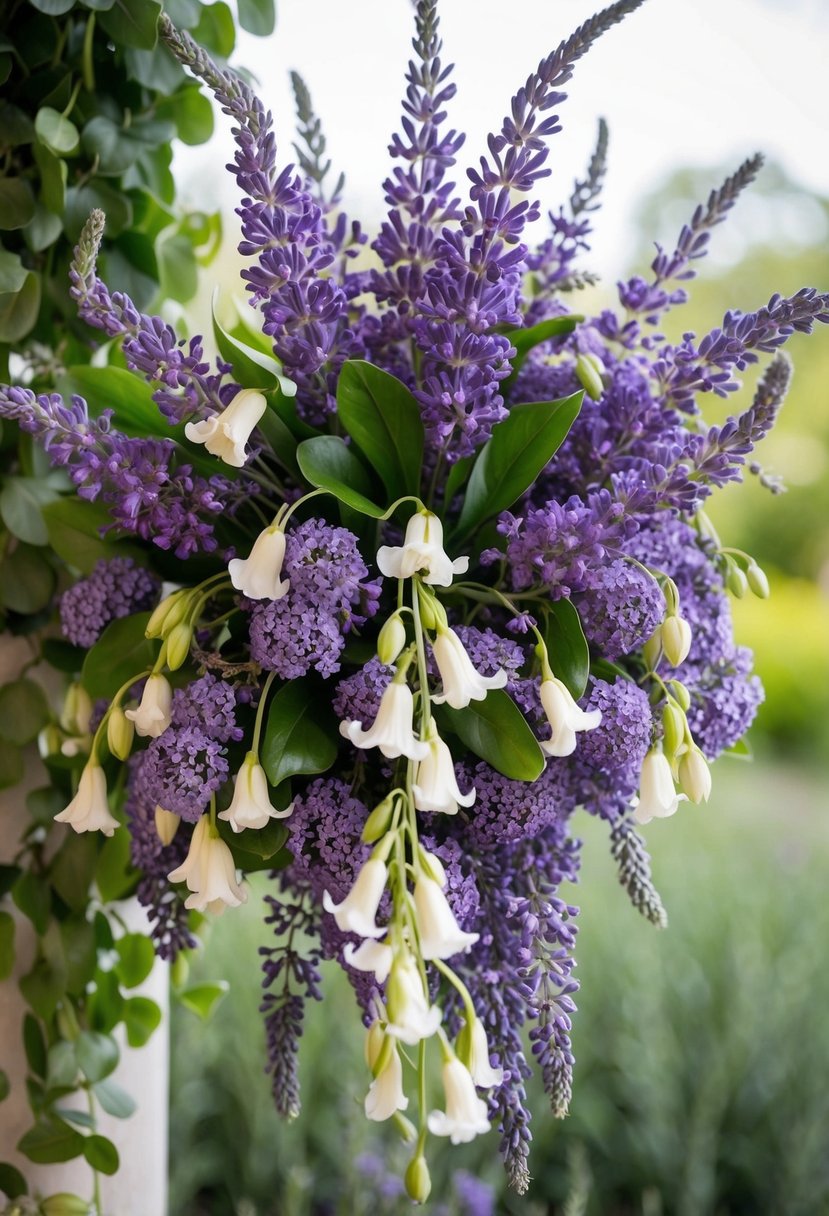 A lush bouquet of lavender stock and white freesia arranged in a delicate, cascading style