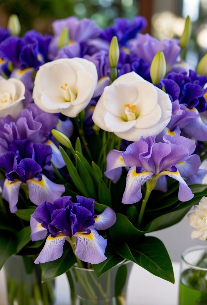 A delicate bouquet of lavender irises and white gardenias arranged in a charming display