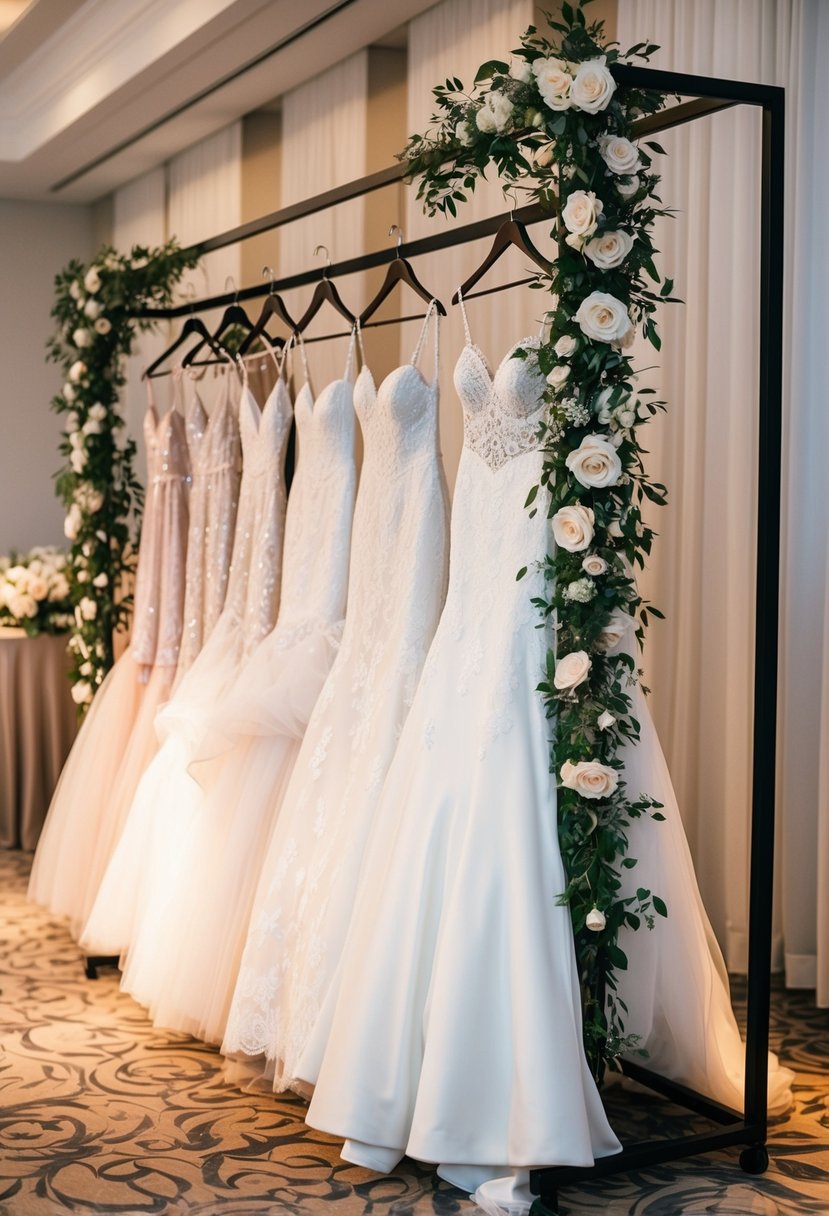 A rack of elegant wedding dresses on display at a reception, with soft lighting and floral accents