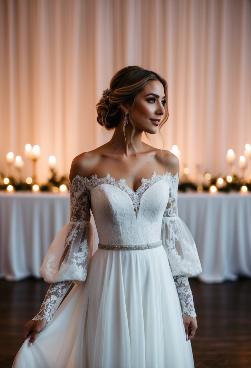 A flowing, off-the-shoulder wedding dress with delicate lace and billowing sleeves, set against a dreamy, candlelit reception backdrop