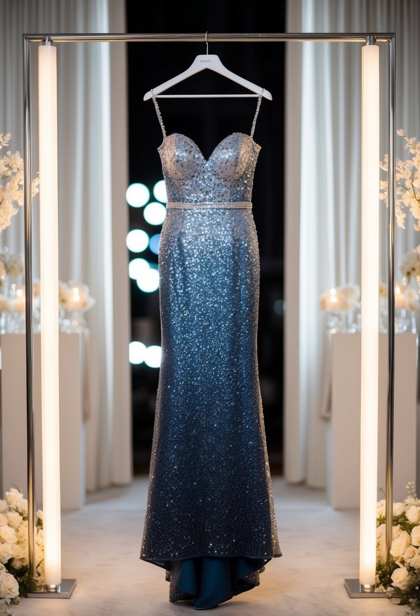 A sparkling sheath gown hanging on a sleek modern hanger, surrounded by soft lighting and elegant decor