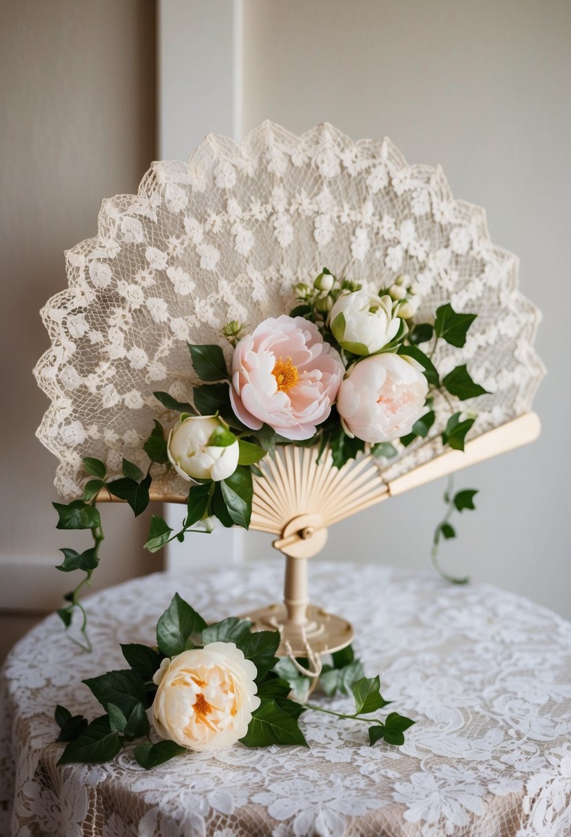 A vintage lace fan, adorned with delicate roses, peonies, and ivy, sits on a lace-covered table