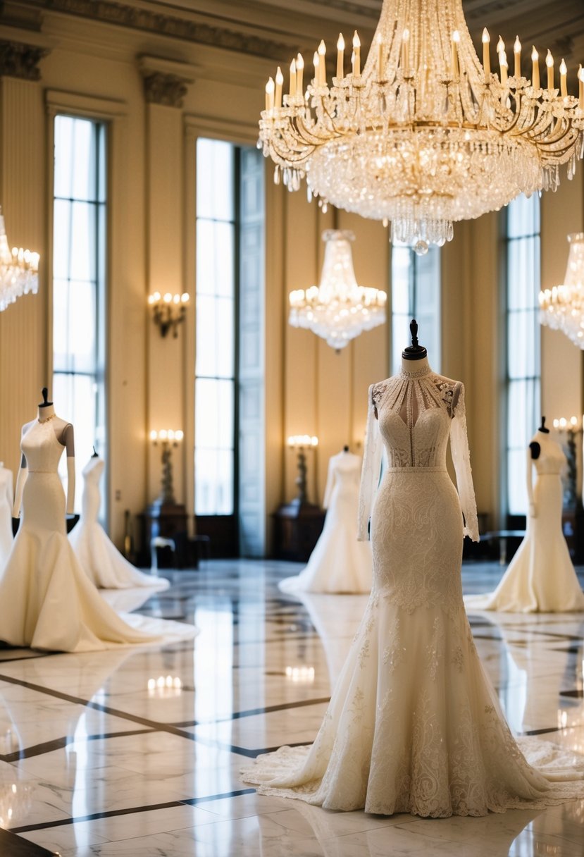 A grand ballroom with chandeliers, marble floors, and tall windows casting soft, golden light on mannequins adorned in high-necked, elegant wedding dresses