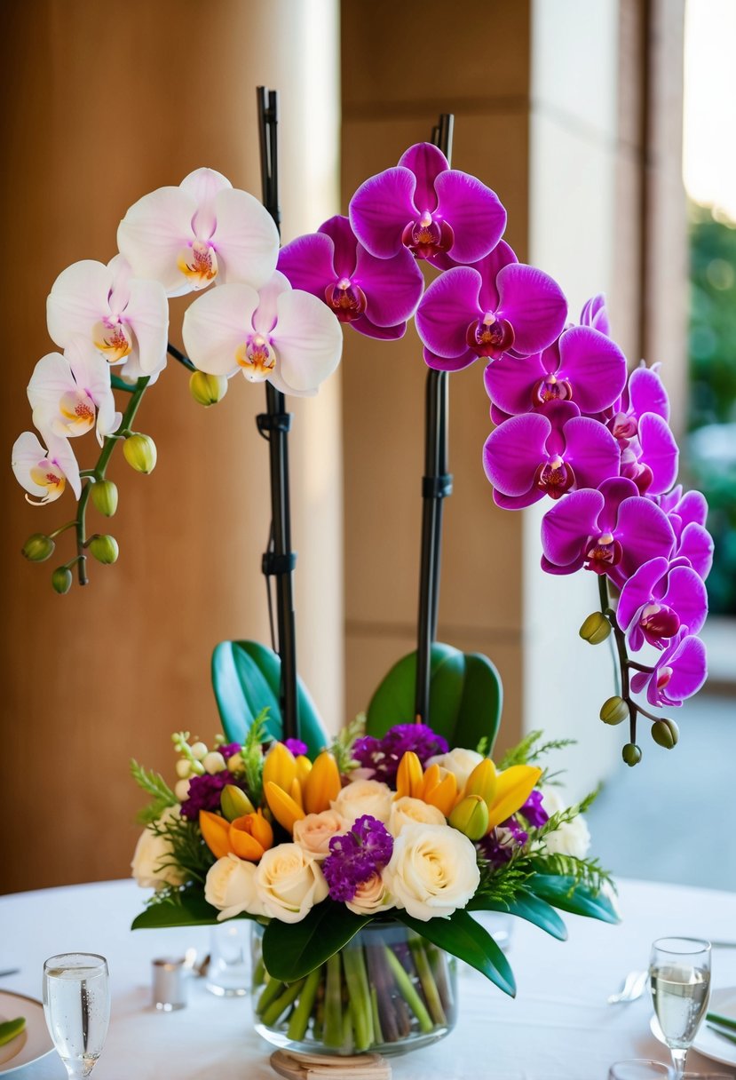 A table with a variety of colorful orchids arranged in a beautiful wedding bouquet