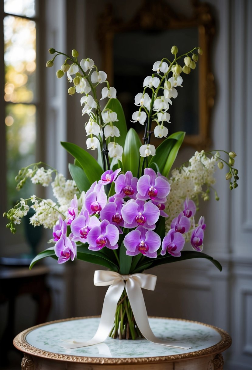 A delicate bouquet of orchids and lily of the valley, tied with a satin ribbon, sits on an ornate Victorian table