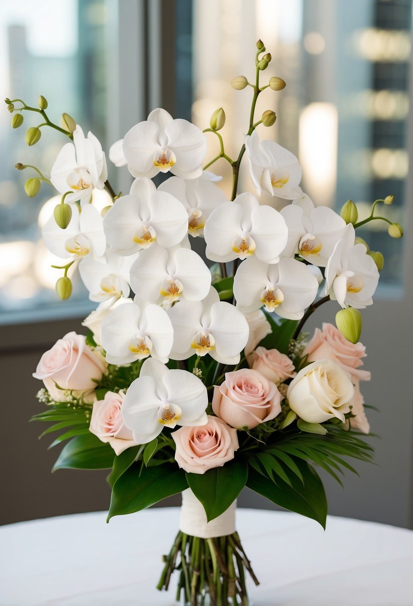 A simple, elegant arrangement of orchids and roses for a wedding bouquet