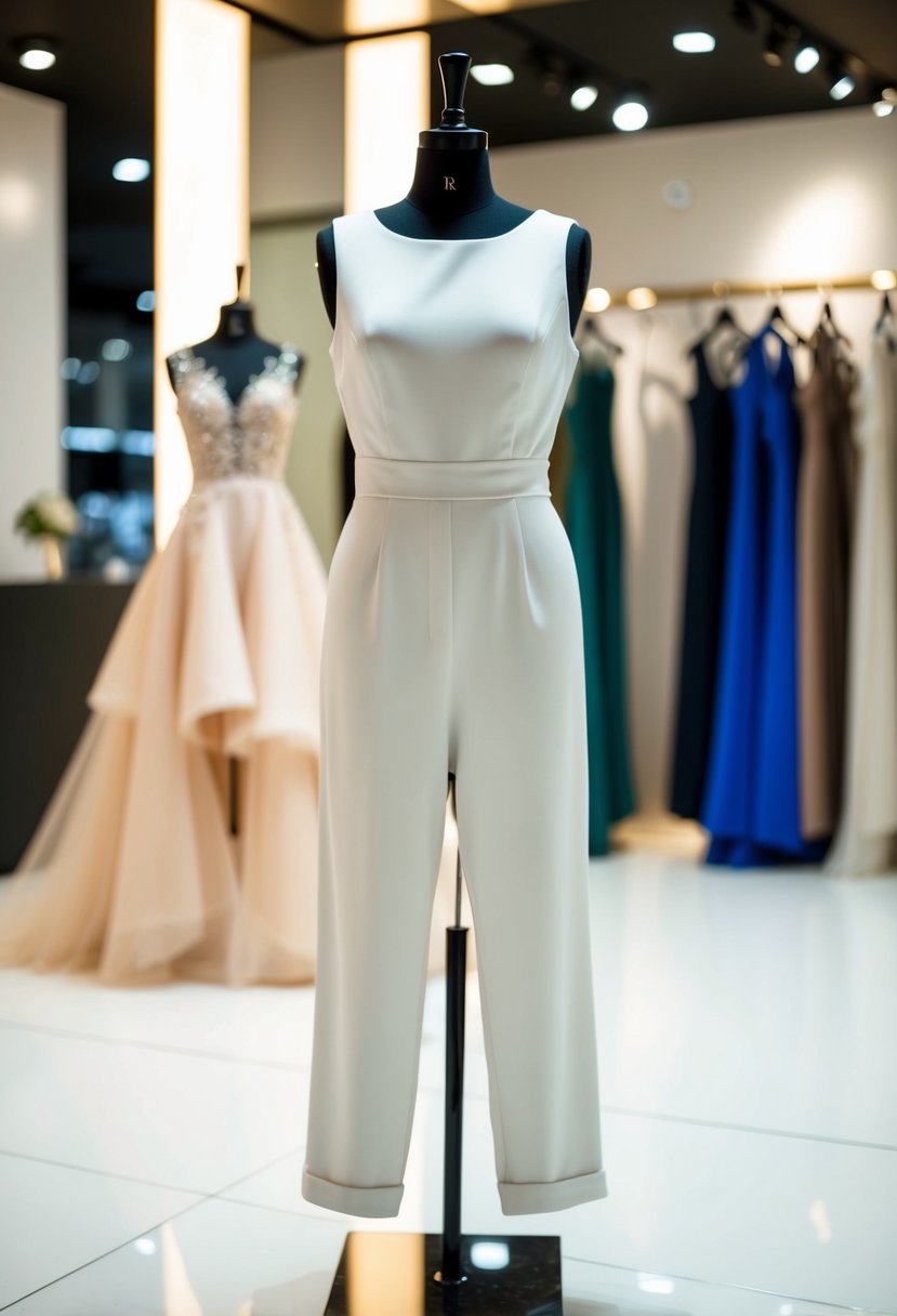 A white jumpsuit displayed on a mannequin in a modern wedding dress shop