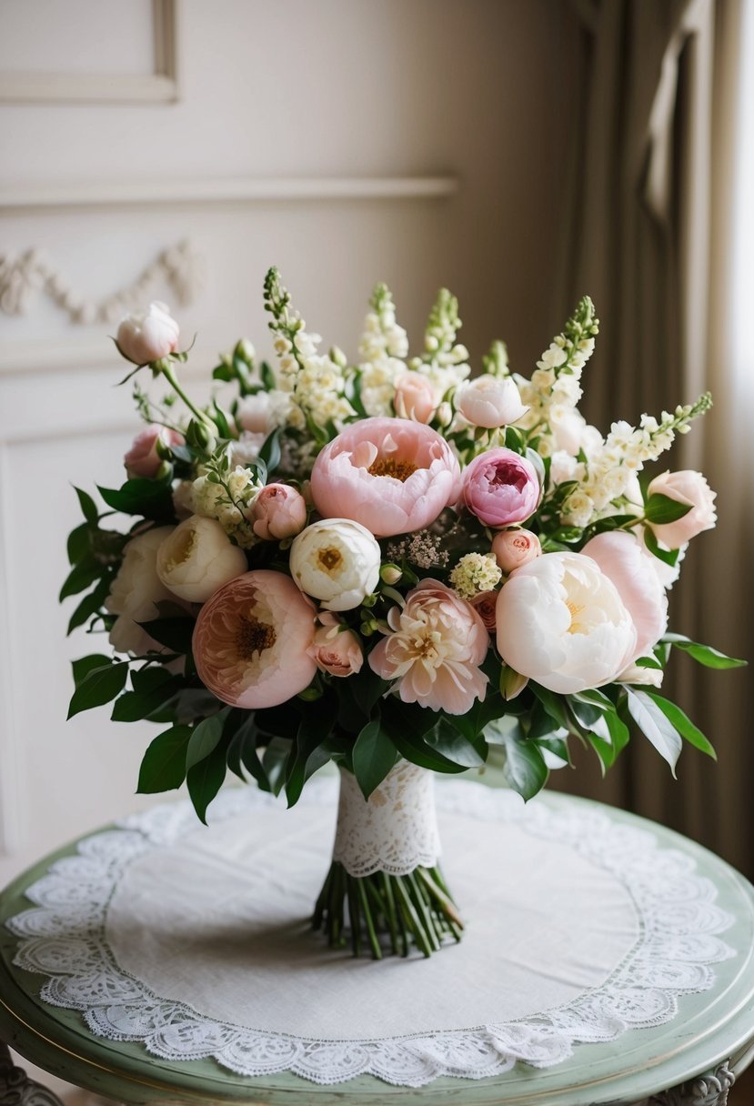 A lush bouquet of roses and peonies, adorned with delicate lace accents, sits on a vintage table