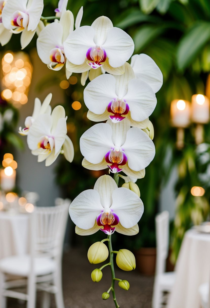 A lush cascade of tropical orchids in a wedding bouquet