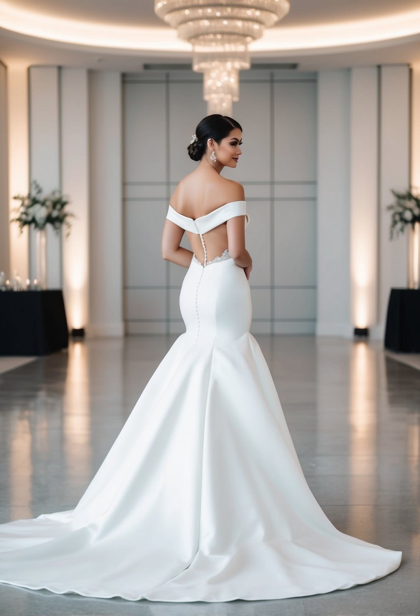 A bride in a sleek, off-the-shoulder gown with a flowing train stands in a grand, minimalist reception hall adorned with modern, elegant decor