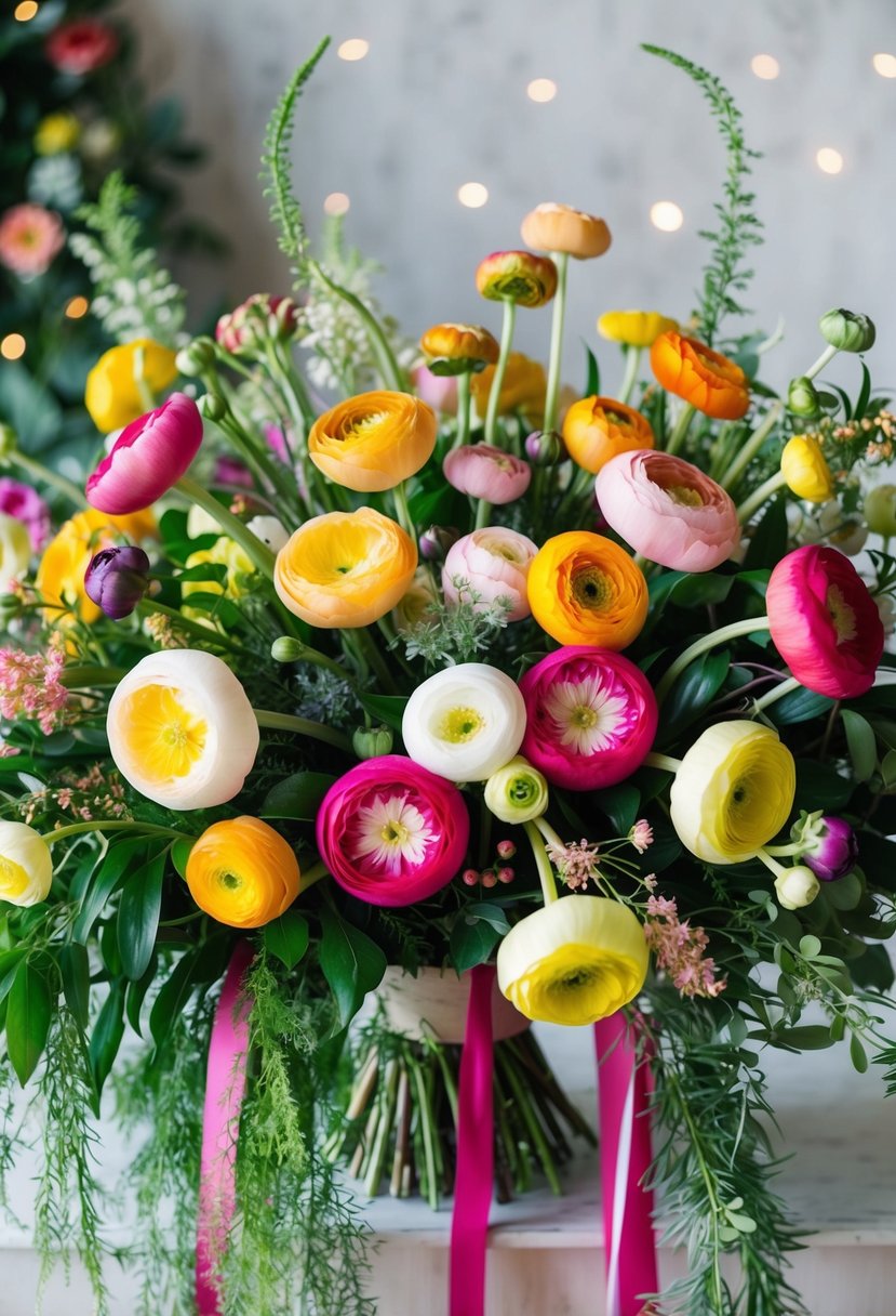 A vibrant bouquet of multicolored ranunculus flowers arranged in a lush, cascading medley with delicate greenery and ribbon accents