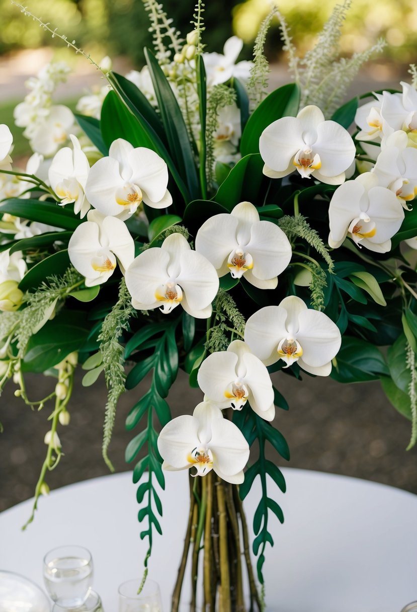 A vintage glam wedding bouquet with cascading phalaenopsis orchids and lush greenery