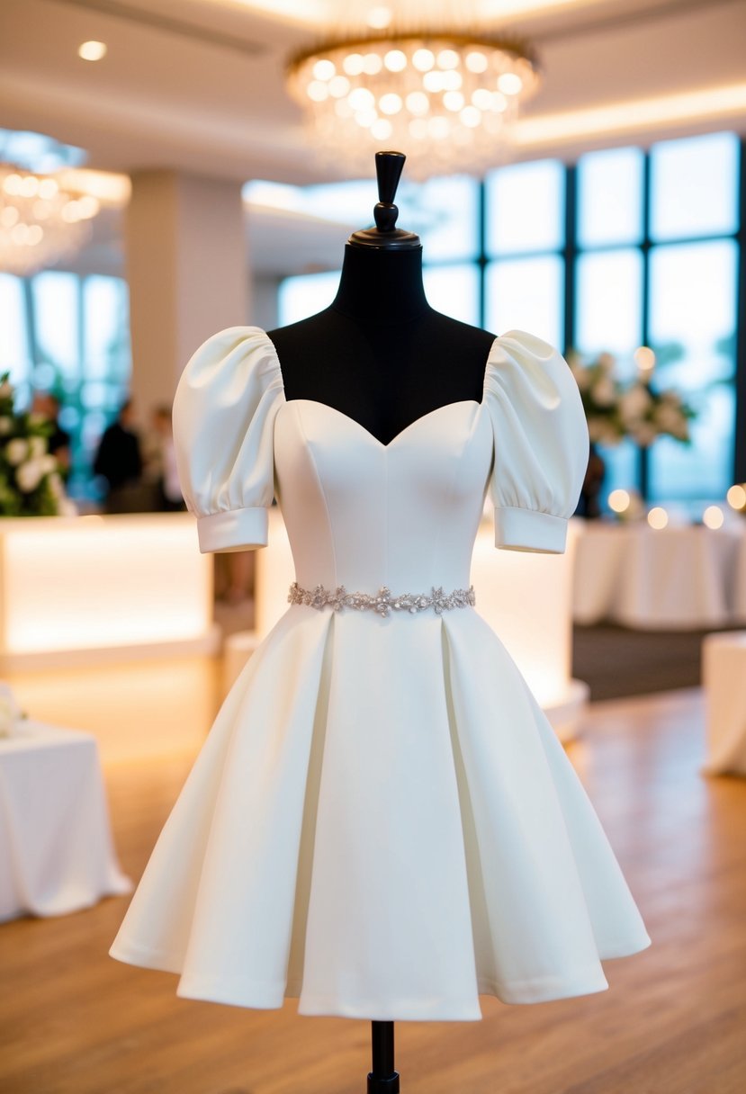 A short puff sleeve mini wedding dress displayed on a mannequin in a bright, modern reception venue with elegant decor and soft lighting