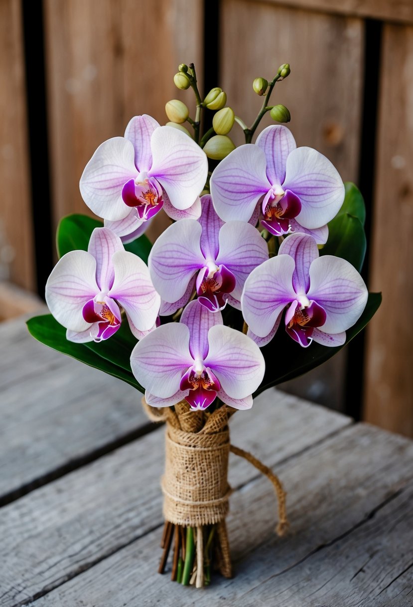 A rustic chic wedding bouquet featuring orchids wrapped in burlap