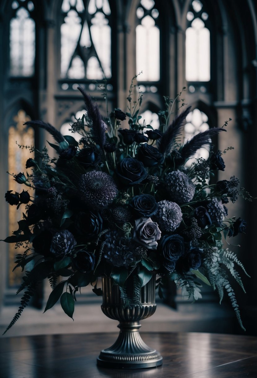 A grand, ornate Victorian wedding bouquet of dark, moody blooms set against a backdrop of gothic architecture and wrought iron details