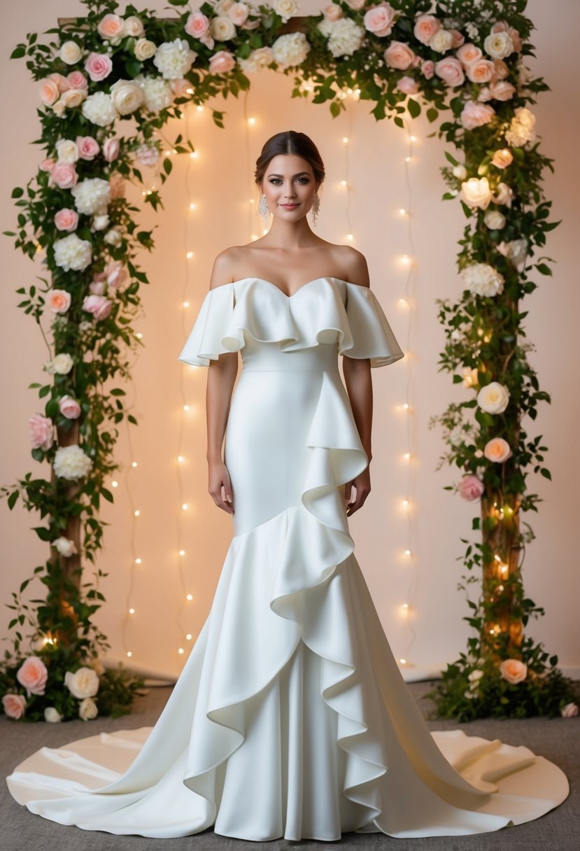 An elegant off-the-shoulder wedding dress with cascading ruffles, set against a romantic backdrop of blooming flowers and twinkling string lights