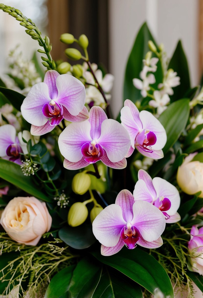 A vibrant, bohemian orchid bouquet with lush greenery and delicate blooms, perfect for a wedding