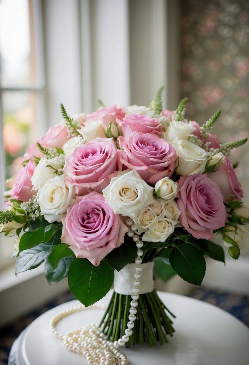 A lush bouquet of roses adorned with delicate pearls, evoking a sense of Victorian elegance and romance