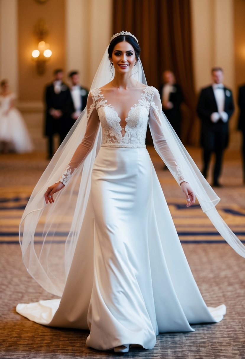 A bride stands in a grand ballroom, wearing a wedding dress with sheer long bishop sleeves, the fabric flowing elegantly as she moves