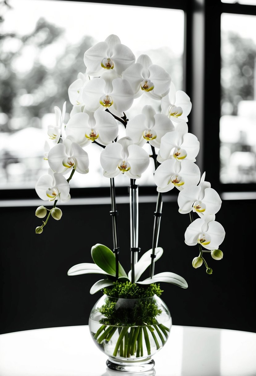 A monochrome white orchid bouquet arranged in a glass vase