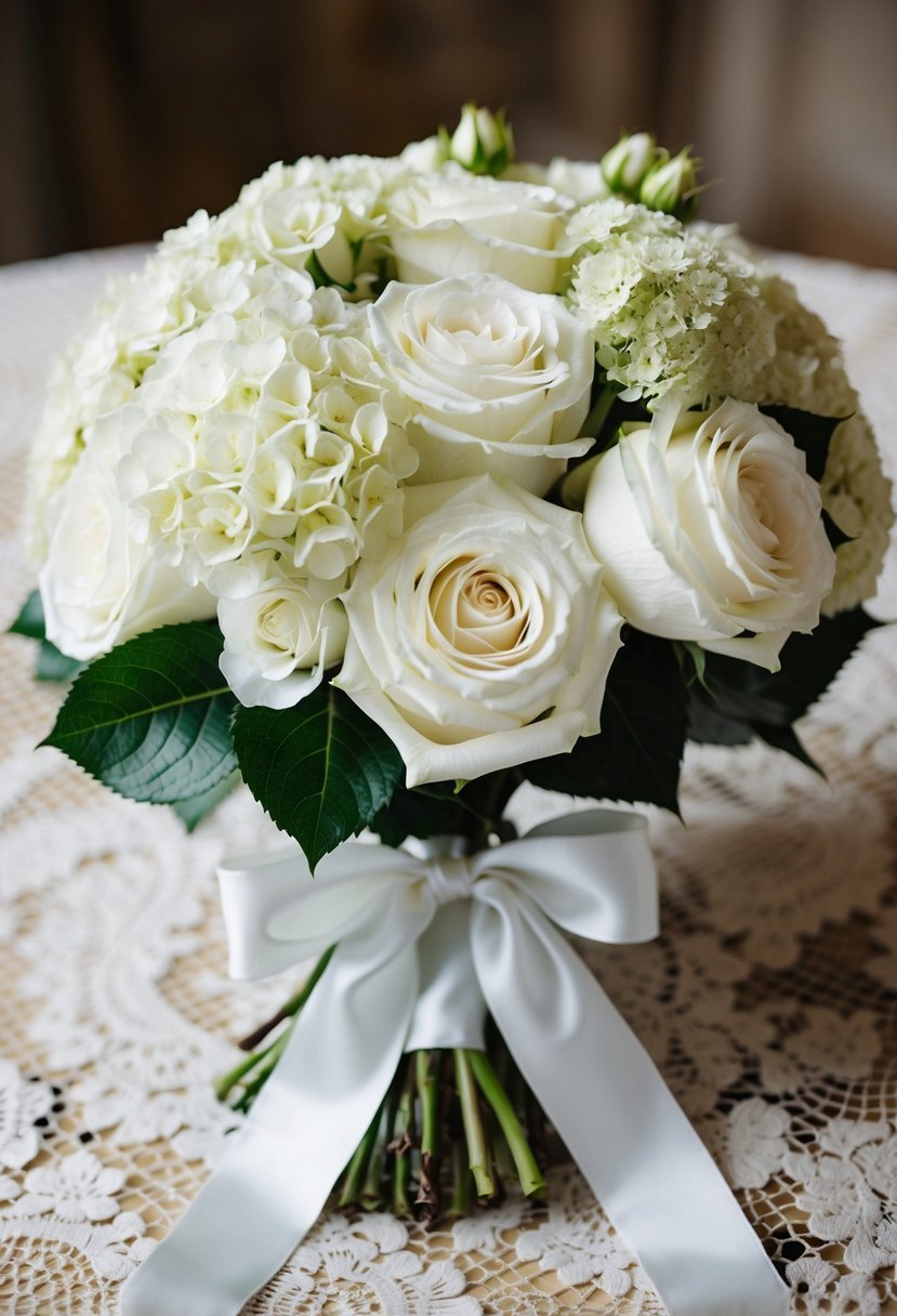 A lush bouquet of white roses and hydrangeas, tied with a satin ribbon, sits on a vintage lace tablecloth