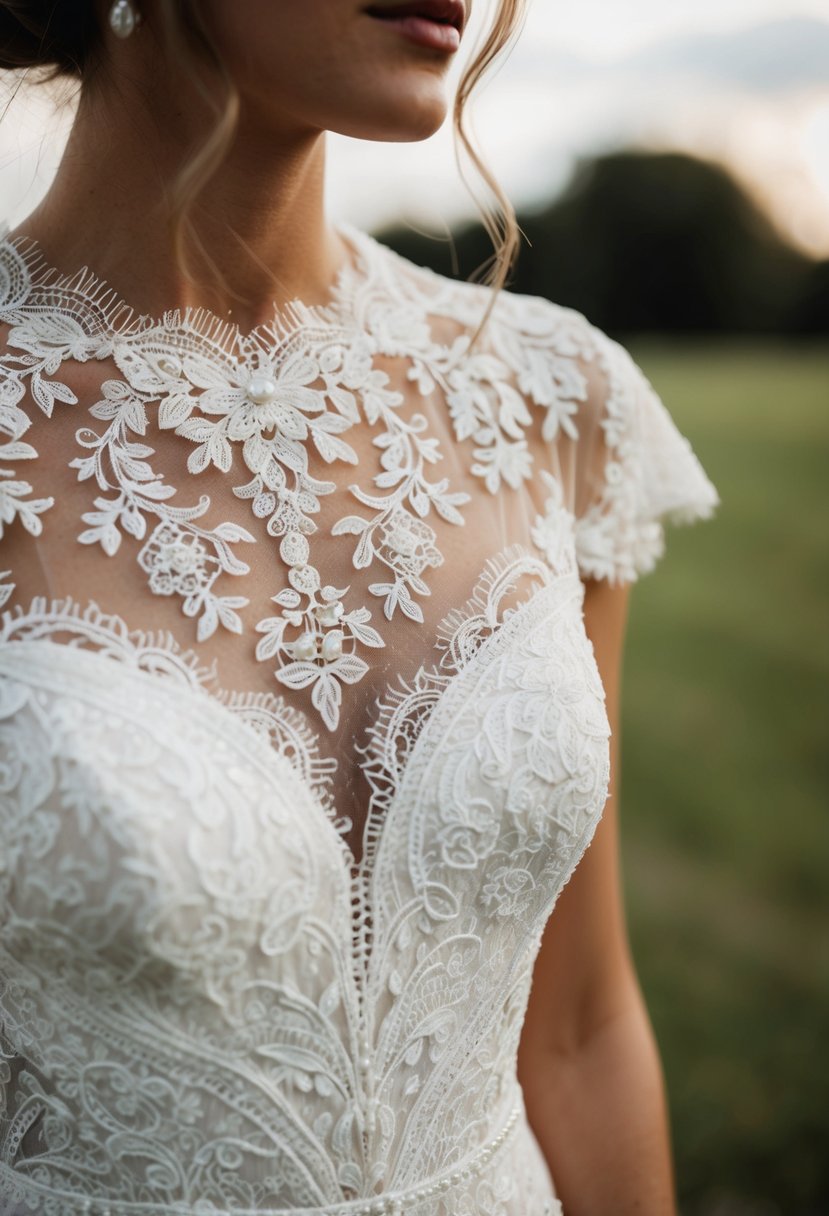 A delicate lace wedding dress with intricate details and timeless elegance