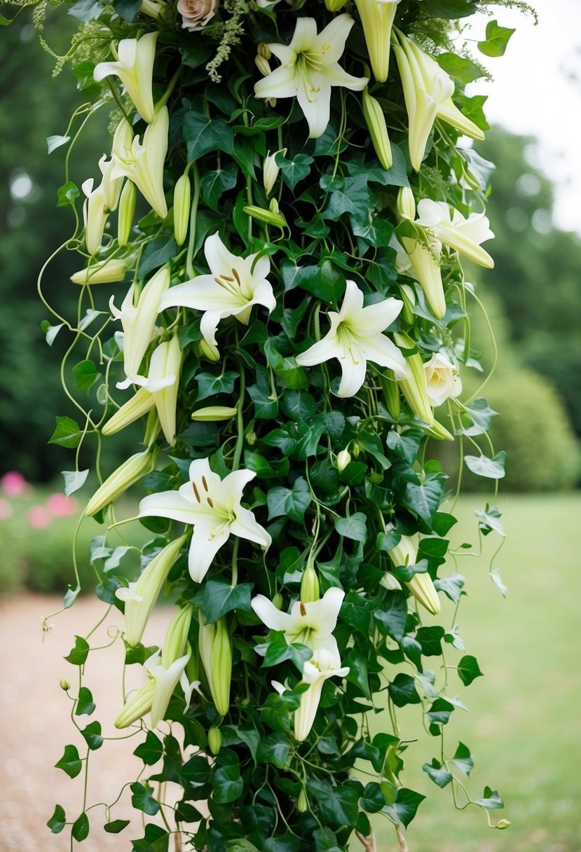 A lush, cascading bouquet of trailing ivy and delicate lilies, accented with vintage-inspired details, perfect for a romantic Victorian wedding