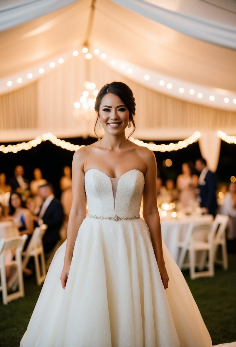 A bride in a simple, elegant gown sparkles under soft, romantic lighting at an intimate, budget-friendly wedding reception