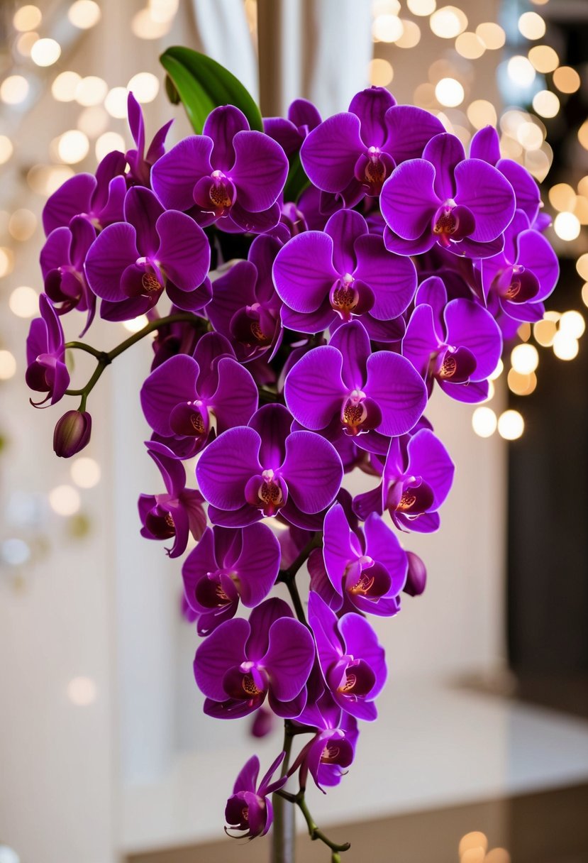 A vibrant purple orchid bouquet arranged in an elegant, cascading style