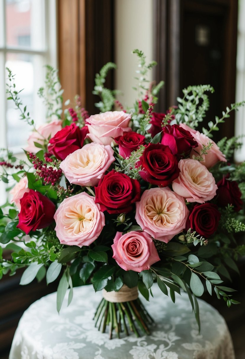 A lush bouquet of pink and red roses, accented with delicate greenery, arranged in a vintage-inspired Victorian style