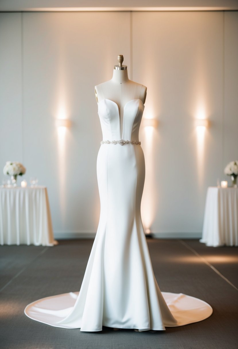 A sleek, modern white wedding dress displayed on a mannequin in a minimalist, elegant reception setting