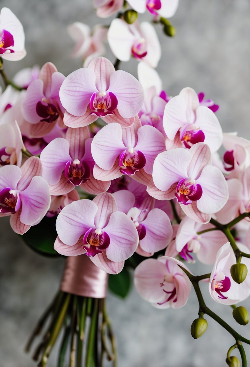 A blush pink and orchid-colored wedding bouquet surrounded by delicate orchid blooms