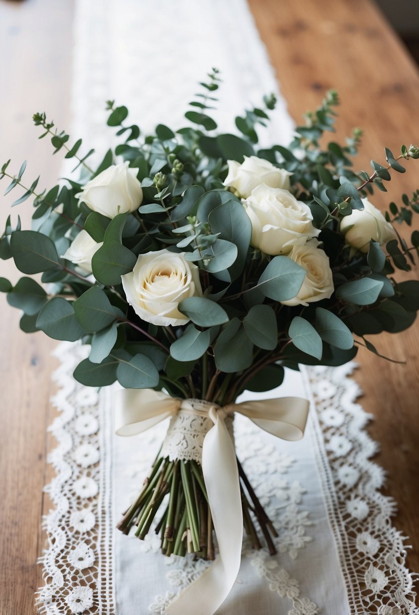 A lush bouquet of eucalyptus and white roses, tied with a delicate ribbon, sits atop a vintage lace table runner