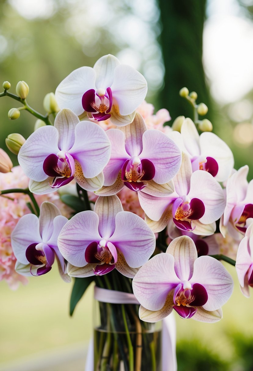 A delicate mix of pastel orchids arranged in a wedding bouquet