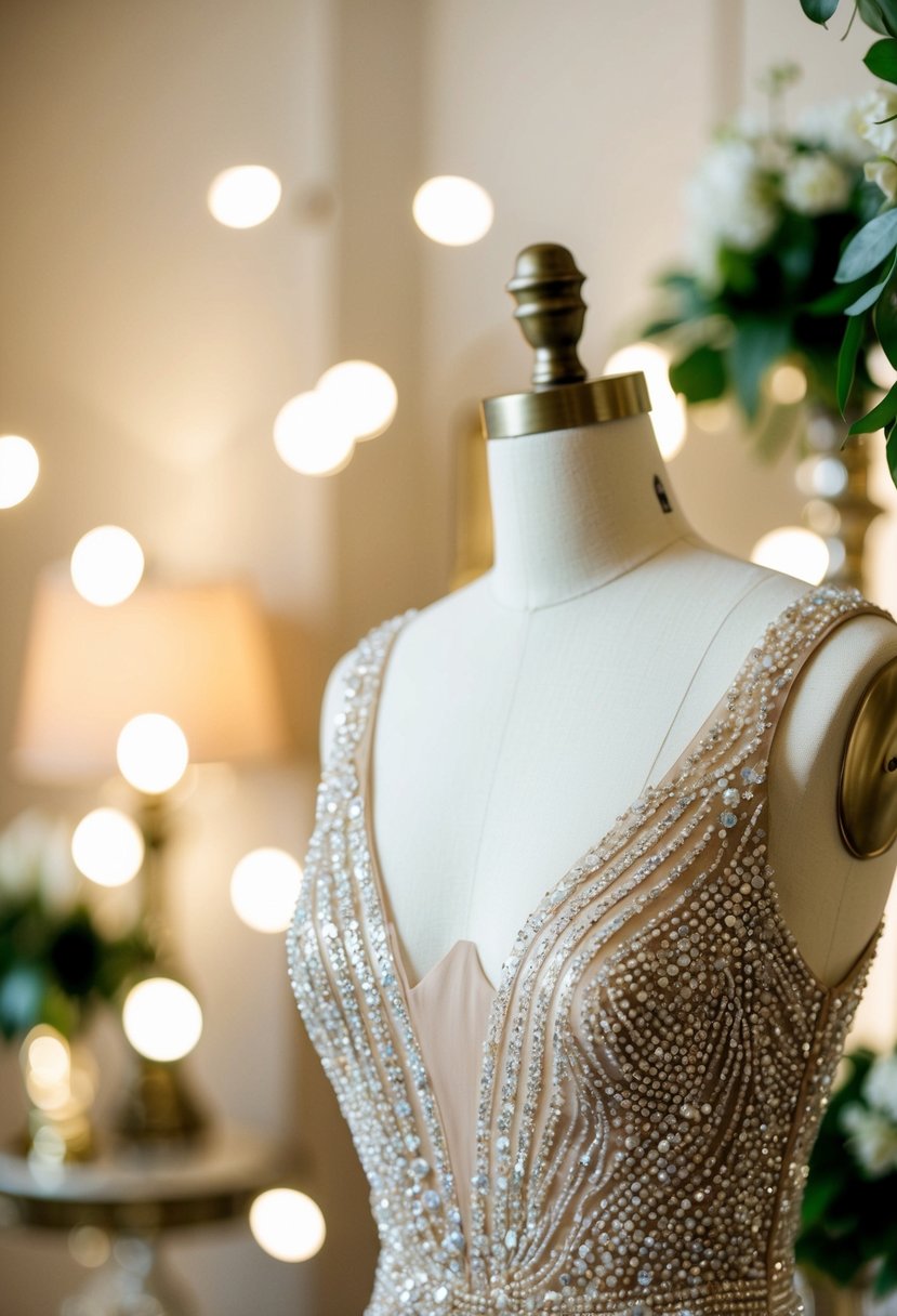 A shimmering beaded dress on a mannequin, surrounded by soft lighting and elegant decor