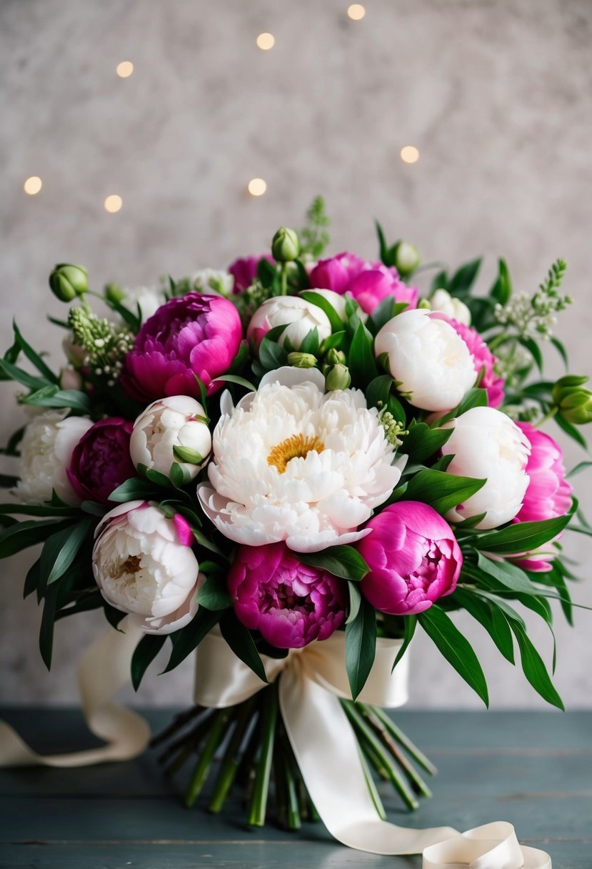 A lush bouquet of peonies and ribbon, arranged in a Victorian style