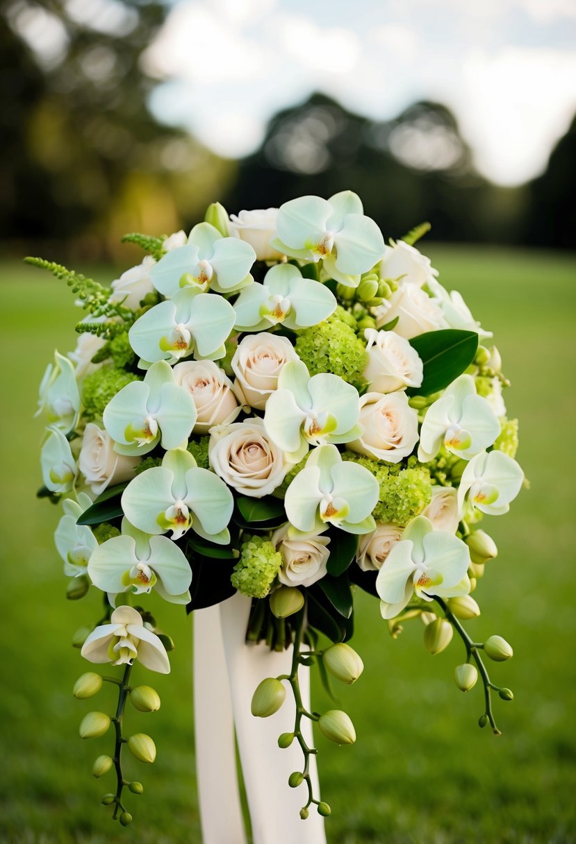 A lush bouquet of green orchids and ivory roses cascading together in a stunning wedding arrangement