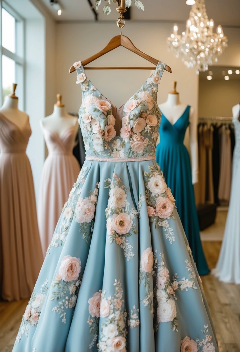 A elegant floral reception frock hanging on a decorative mannequin in a sunlit boutique